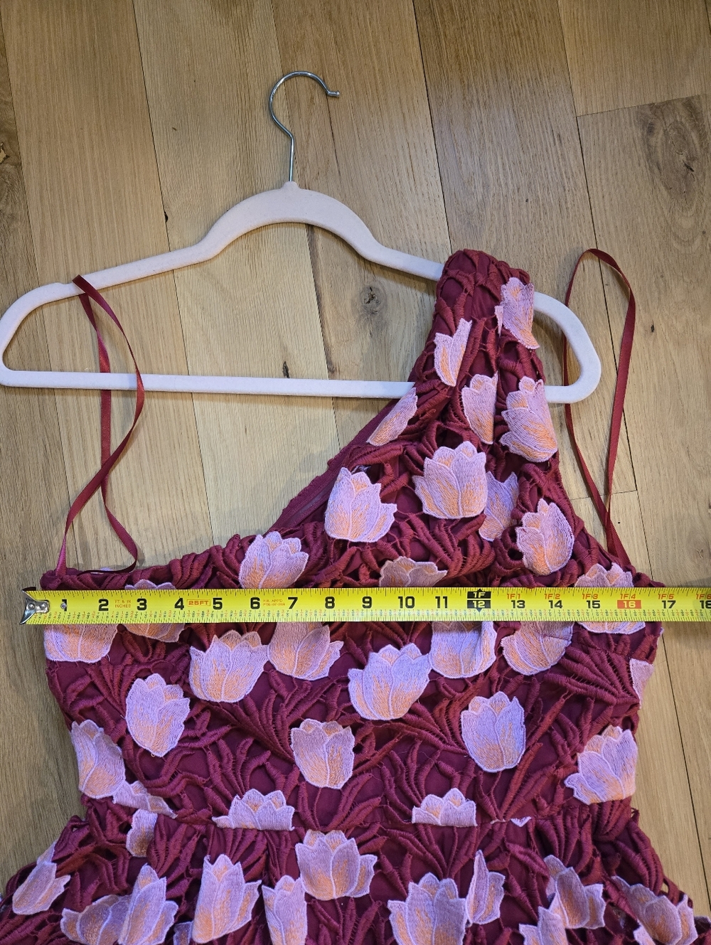 One-Shoulder Floral Midi Dress in Burgundy and Pink NWT Sz 8 - Picture 10 of 11